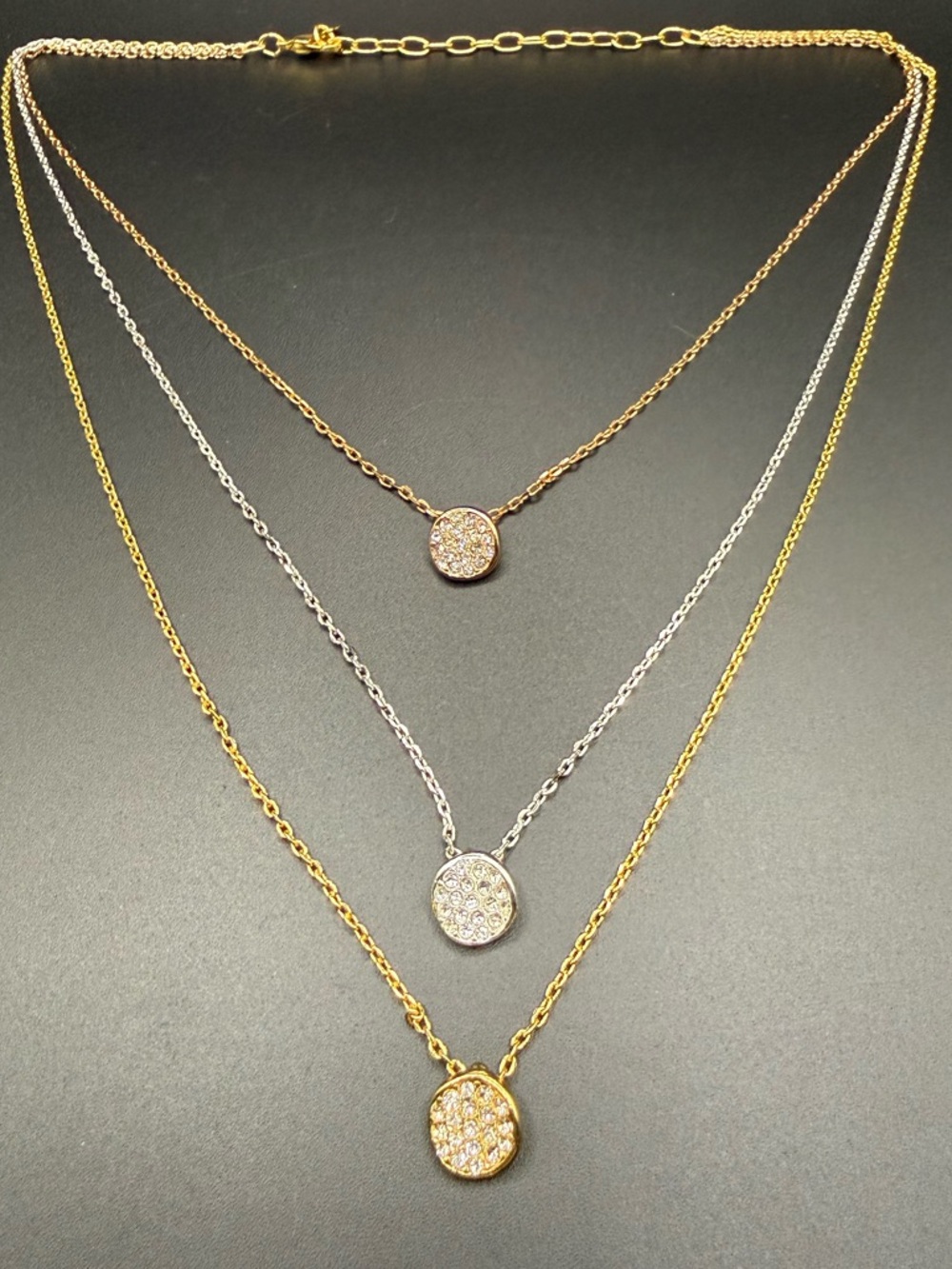 Layered Gold and Silver Tone Pave Crystal Disc Necklace
